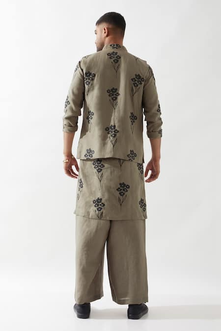 Son Of A Noble Snob Olive Green Madox Farm Bundi Kurta Set 