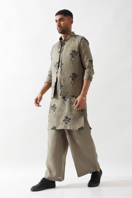 Shop_Son Of A Noble Snob_Olive Green Linen Embroidery Madox Farm Bundi Kurta Set _Online_at_Aza_Fashions