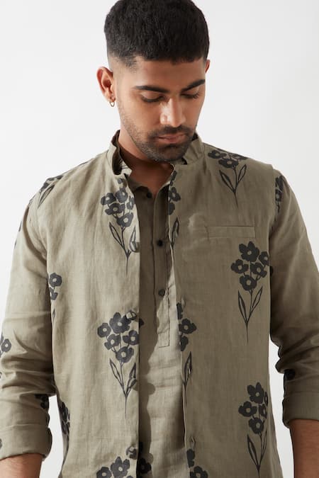 Shop_Son Of A Noble Snob_Olive Green Linen Embroidery Madox Farm Bundi Kurta Set 