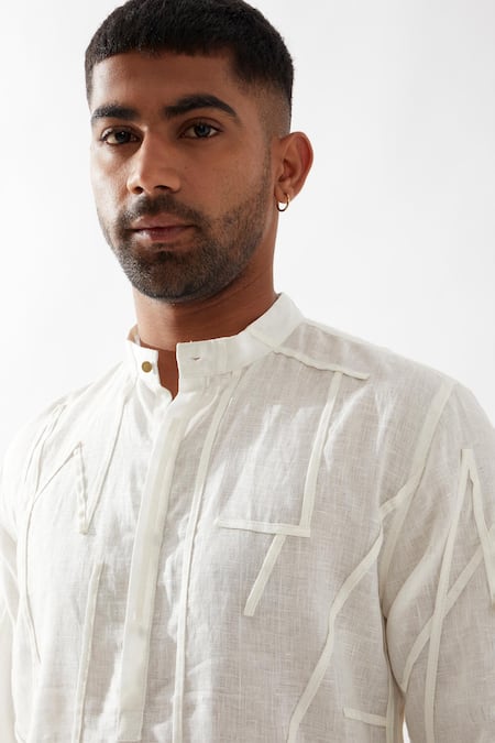 Shop_Son Of A Noble Snob_White Linen Applique Kurta _Online_at_Aza_Fashions