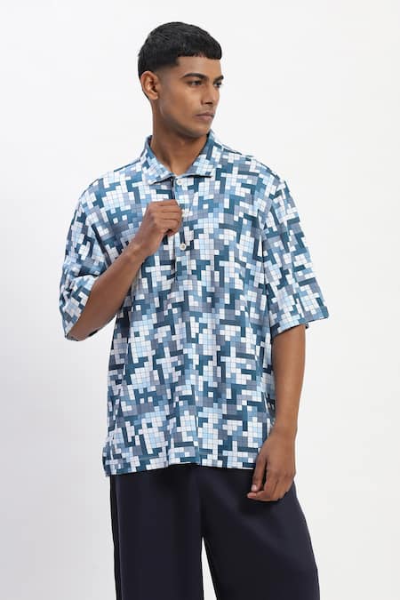 Abraham And Thakore Tetris Print Blue T-Shirt 