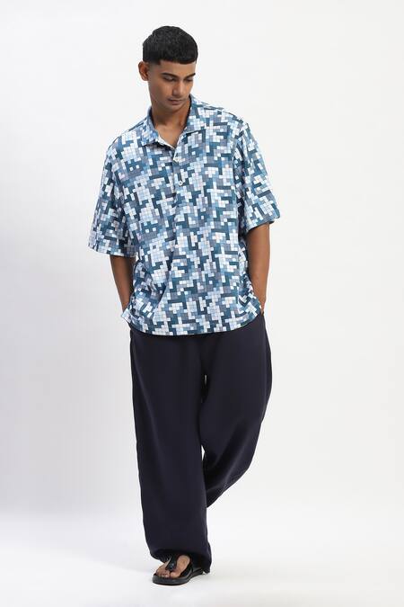 Abraham And Thakore_Blue Cotton Tetris Print T-shirt _at_Aza_Fashions