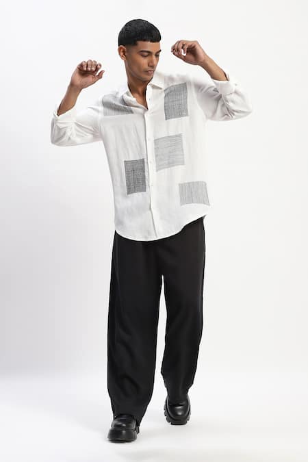 Abraham And Thakore_White Linen Embroidery Scribble Blocks Shirt_at_Aza_Fashions