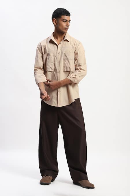 Abraham And Thakore Beige Cotton Tonal Patchwork Shirt at Aza Fashions Abraham And Thakore_Beige Cotton Tonal Patchwork Shirt _at_Aza_Fashions