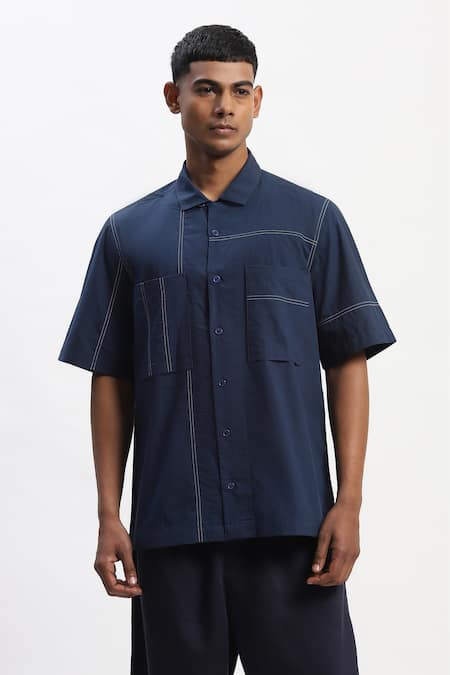ABRAHAM AND THAKORE Navy Cotton Tonal Patchwork Casual Shirt 