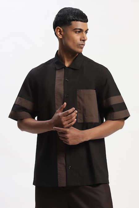 ABRAHAM AND THAKORE Black Cotton Patchwork, Applique Casual Shirt 