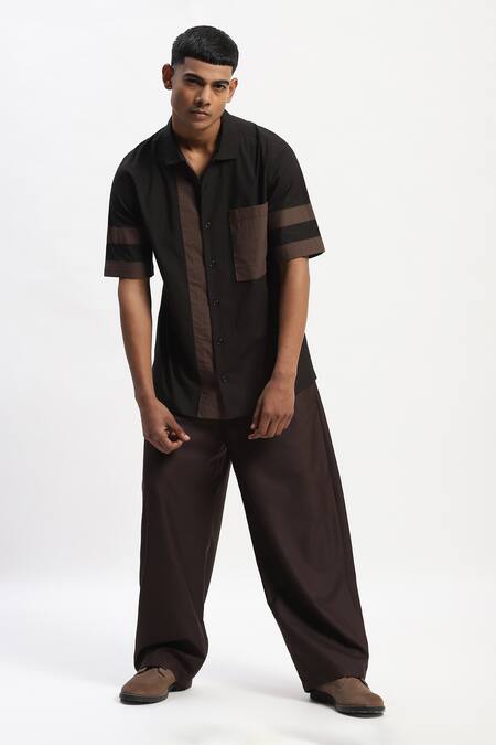 Abraham And Thakore Black Cotton Patchwork, Applique Casual Shirt at Aza Fashions Abraham And Thakore_Black Cotton Patchwork, Applique Casual Shirt _at_Aza_Fashions