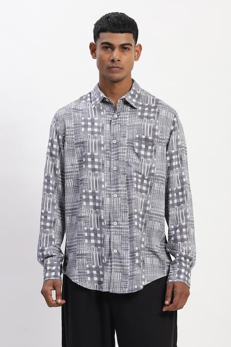 Abraham And Thakore Gray Handpainted Checks Casual Shirt 