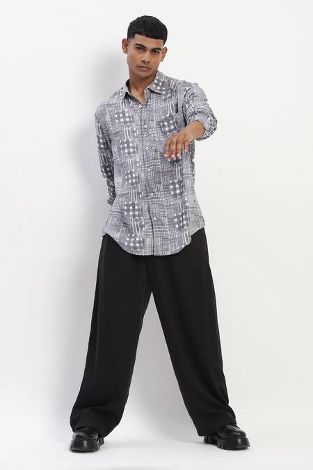 Abraham And Thakore_Gray Handpainted Checks Casual Shirt _at_Aza_Fashions