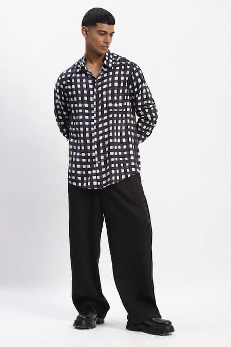 Abraham And Thakore_Black Lycra Watercolour Checks Casual Shirt _at_Aza_Fashions
