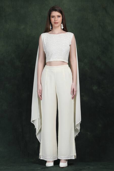 Label Ivish_Ivory Georgette Sequins, Beads Round Neck Hand Embroidered Fusion Set _Online_at_Aza_Fashions