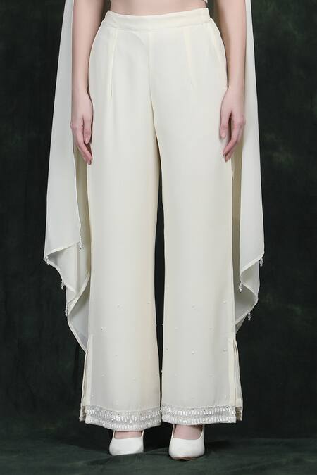 Buy_Label Ivish_Ivory Georgette Sequins, Beads Round Neck Hand Embroidered Fusion Set _Online_at_Aza_Fashions