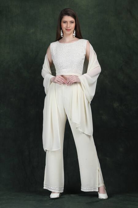 Shop_Label Ivish_Ivory Georgette Sequins, Beads Round Neck Hand Embroidered Fusion Set _Online_at_Aza_Fashions