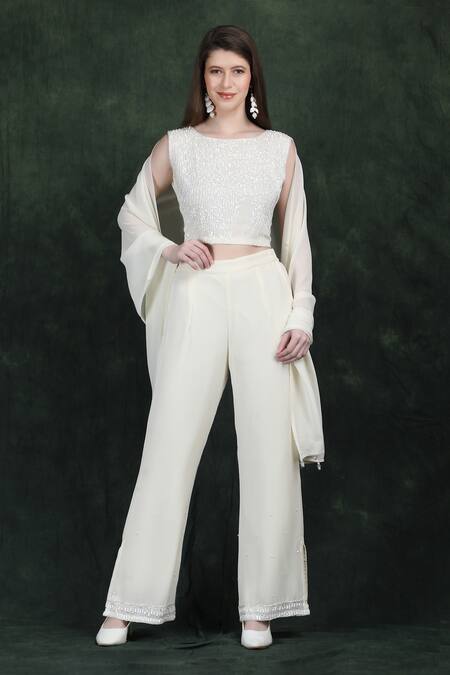 Label Ivish_Ivory Georgette Sequins, Beads Round Neck Hand Embroidered Fusion Set _at_Aza_Fashions