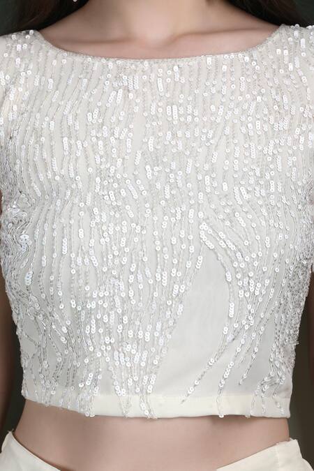 Buy_Label Ivish_Ivory Georgette Sequins, Beads Round Neck Hand Embroidered Fusion Set 