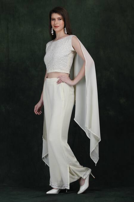 Shop_Label Ivish_Ivory Georgette Sequins, Beads Round Neck Hand Embroidered Fusion Set 