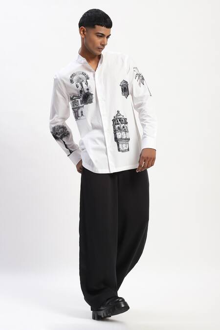 Abraham And Thakore_White Cotton Architecture Print Shirt_at_Aza_Fashions