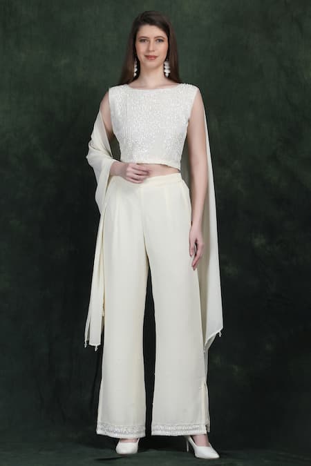 LABEL IVISH Ivory Georgette Sequins, Beads Round Neck Hand Embroidered Fusion Set 