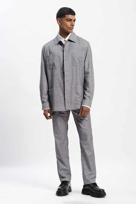 Abraham And Thakore_Multi Color Cotton Diagonal Print Jacket _at_Aza_Fashions