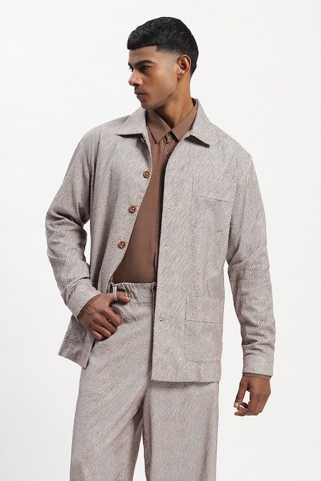 Abraham And Thakore_Multi Color Cotton Diagonal Print Jacket _at_Aza_Fashions