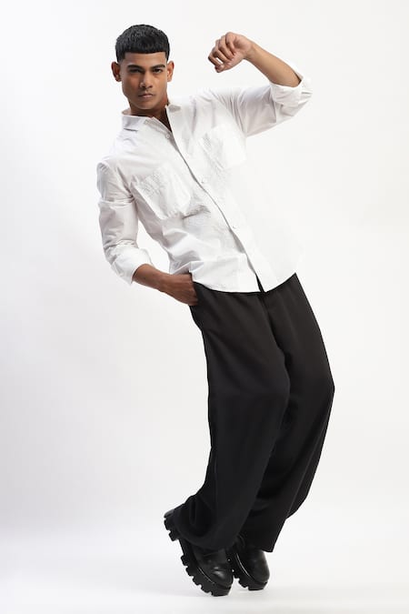 Buy_Abraham And Thakore_White Cotton Embroidery Engineered Trapunto Shirt 