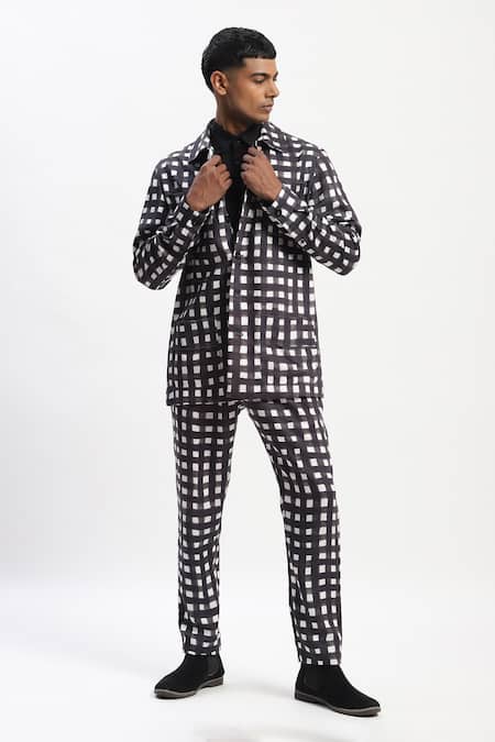 Abraham And Thakore_Black Cotton Watercolour Checks Jacket _at_Aza_Fashions