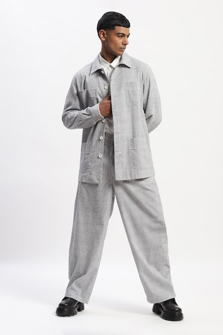 Abraham And Thakore_Gray Cotton Hand-drawn Lines Grey Jacket _at_Aza_Fashions