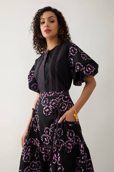 Buy_Son Of A Noble Snob_Black Cotton Satin Round Neck Queen Co-ord Set With Floral Skirt _Online_at_Aza_Fashions