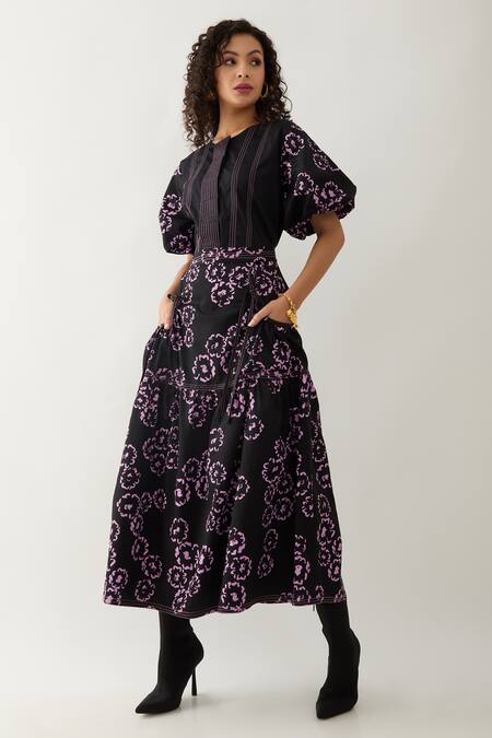 Shop_Son Of A Noble Snob_Black Cotton Satin Round Neck Queen Co-ord Set With Floral Skirt _Online_at_Aza_Fashions