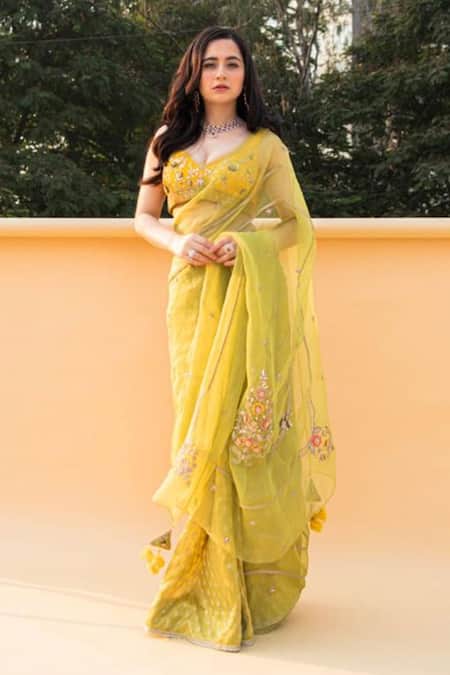 Shreeka Lime Green Banarasi Tissue Saree Set 