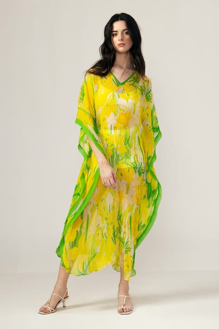 REENA SHARMA Yellow Viscose V-neck Alina Kaftan 