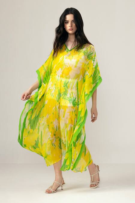Buy_Reena Sharma_Yellow Viscose V-neck Alina Kaftan _Online_at_Aza_Fashions