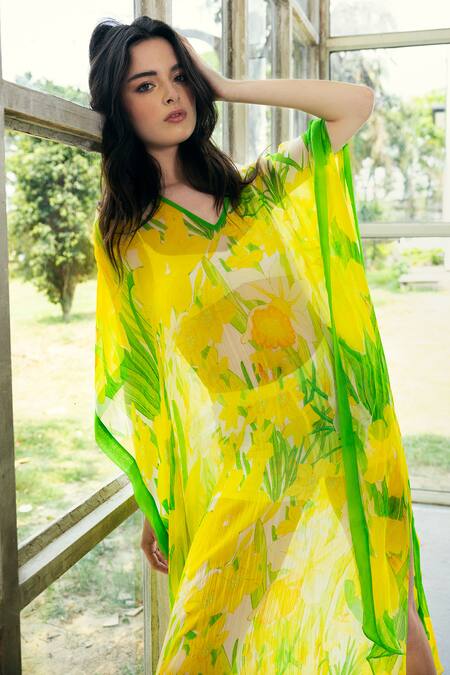 Shop_Reena Sharma_Yellow Viscose V-neck Alina Kaftan _Online_at_Aza_Fashions