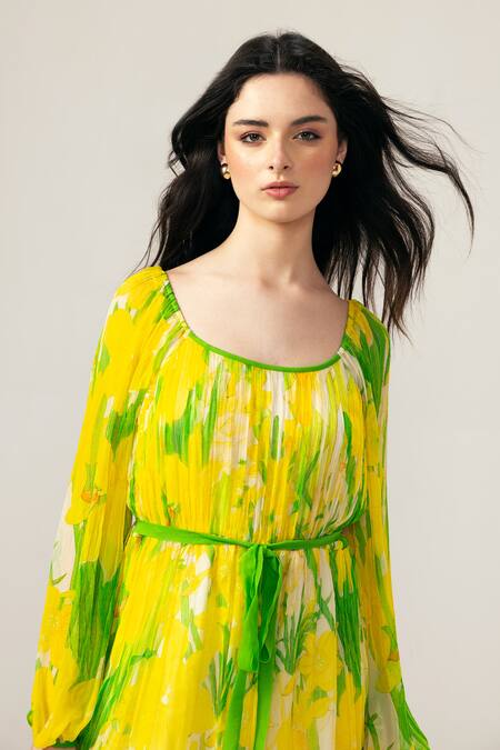 Reena Sharma_Yellow Viscose, Chiffon Square Neck Alina Designer Short Dress _Online_at_Aza_Fashions