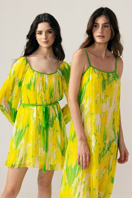 Buy_Reena Sharma_Yellow Viscose, Chiffon Square Neck Alina Designer Short Dress _Online_at_Aza_Fashions