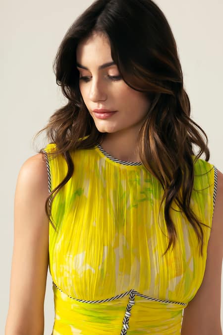 Shop_Reena Sharma_Yellow Viscose Round Neck Alina Ruching Dress _Online_at_Aza_Fashions