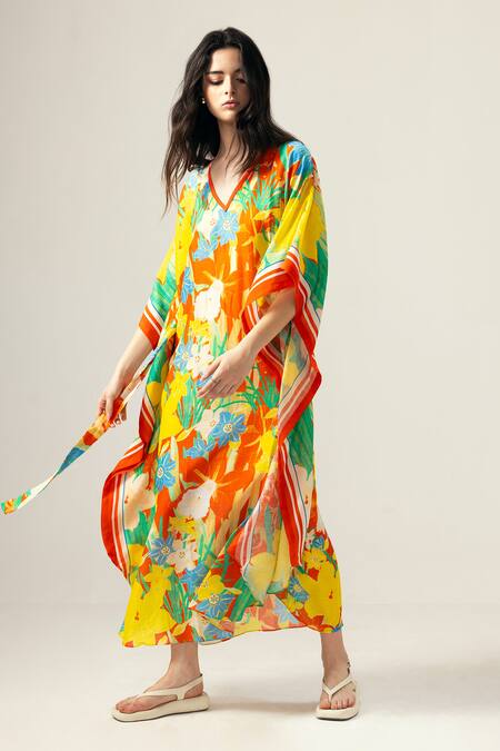 Reena Sharma_Multi Color Viscose, Linen V-neck Isha Kaftan _Online_at_Aza_Fashions