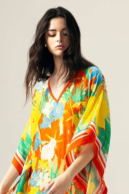 Buy_Reena Sharma_Multi Color Viscose, Linen V-neck Isha Kaftan _Online_at_Aza_Fashions
