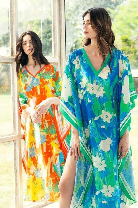 Shop_Reena Sharma_Multi Color Viscose, Linen V-neck Isha Kaftan _Online_at_Aza_Fashions