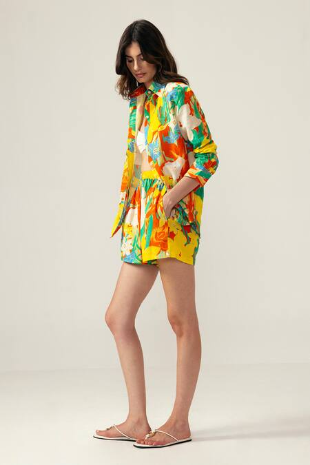 Reena Sharma Multi Color Cotton, Linen Collared Floral Print Co-ord Set Online at Aza Fashions Reena Sharma_Multi Color Cotton, Linen Collared Floral Print Co-ord Set _Online_at_Aza_Fashions