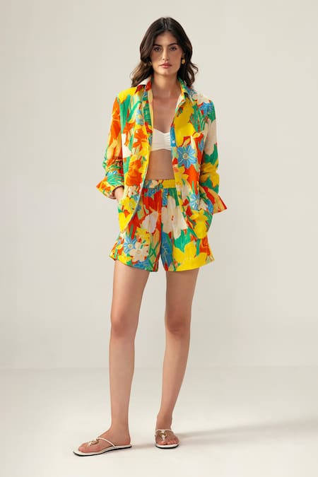 REENA SHARMA Multi Color Cotton, Linen Collared Floral Print Co-ord Set 