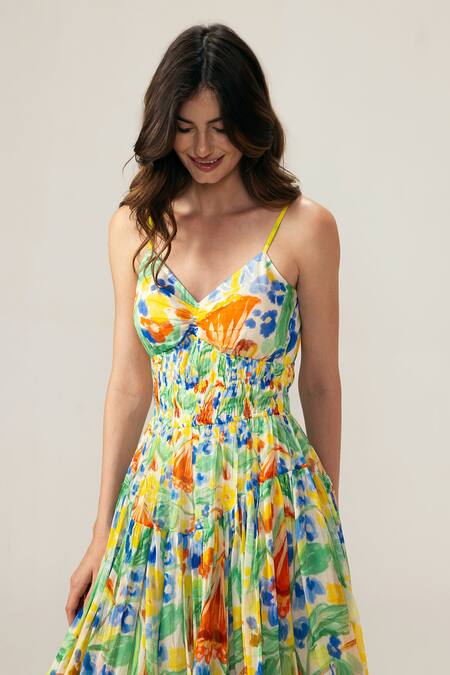 Reena Sharma_Multi Color Viscose, Linen Scoop Neck Isha Ditsy Cami Midi Dress _Online_at_Aza_Fashions