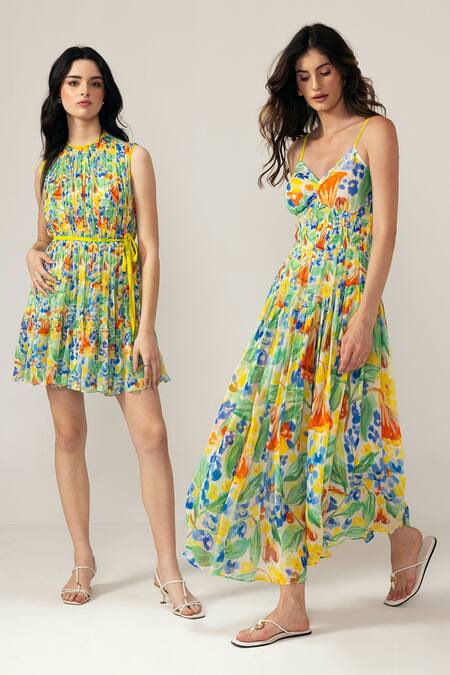 Buy_Reena Sharma_Multi Color Viscose, Linen Scoop Neck Isha Ditsy Cami Midi Dress _Online_at_Aza_Fashions