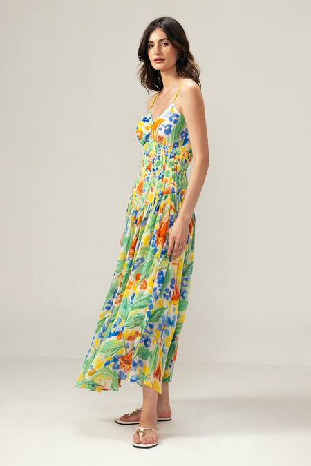 Shop_Reena Sharma_Multi Color Viscose, Linen Scoop Neck Isha Ditsy Cami Midi Dress _Online_at_Aza_Fashions