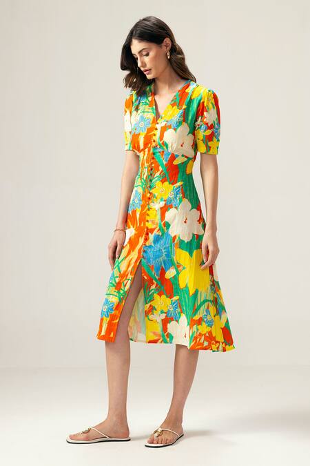 Reena Sharma_Multi Color Cotton V-neck Isha Midi Dress _Online_at_Aza_Fashions