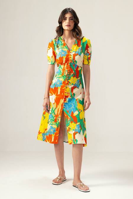 Buy_Reena Sharma_Multi Color Cotton V-neck Isha Midi Dress _Online_at_Aza_Fashions