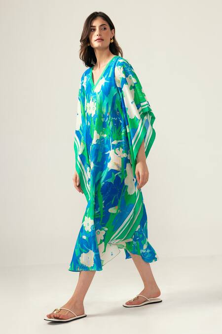 Reena Sharma_Blue Viscose, Linen V-neck Floral Print Kaftan _Online_at_Aza_Fashions