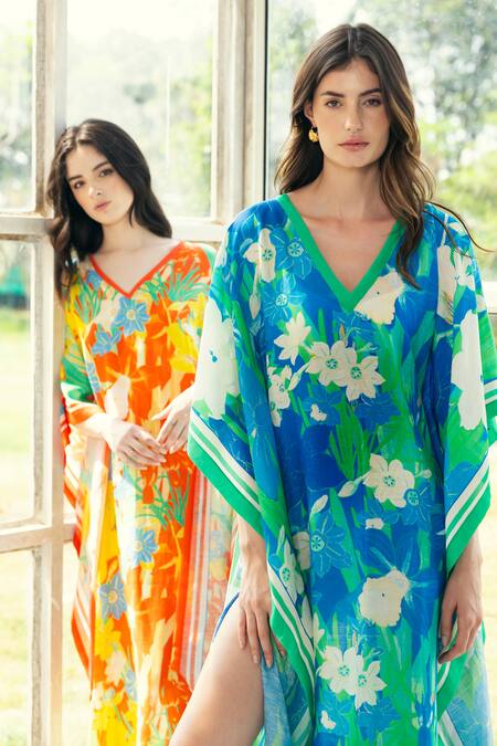 Buy_Reena Sharma_Blue Viscose, Linen V-neck Floral Print Kaftan _Online_at_Aza_Fashions