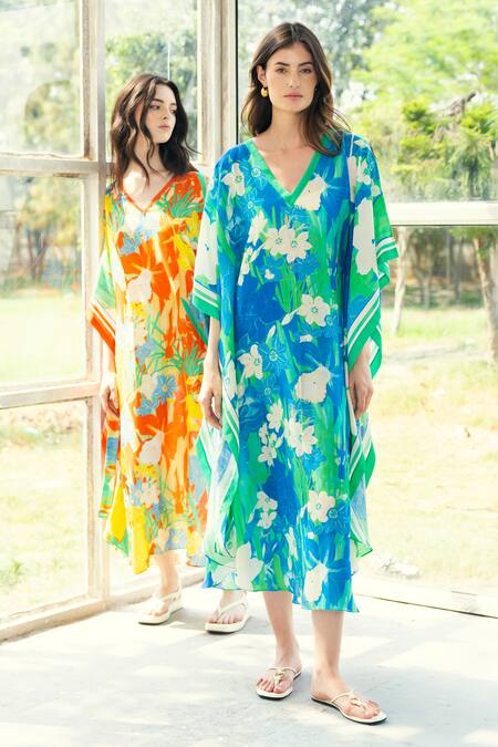 Shop_Reena Sharma_Blue Viscose, Linen V-neck Floral Print Kaftan _Online_at_Aza_Fashions