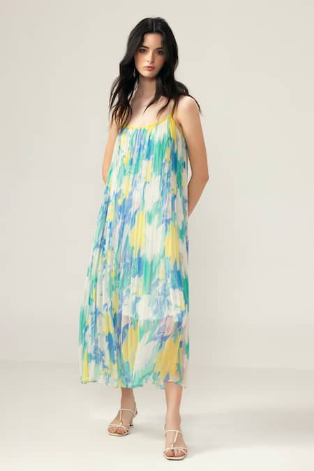 REENA SHARMA Multi Color Viscose, Chiffon Open Neck Light Blue Nora Cami Midi Dress 